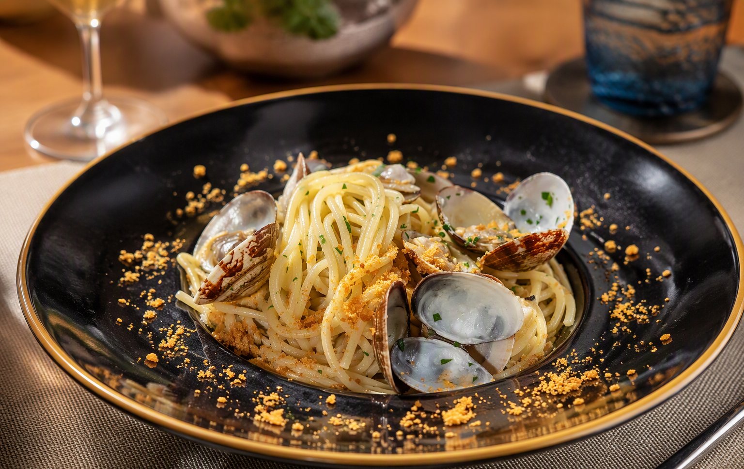 Gli spaghetti alle vongole nel piatto nero dal bordo dorato
