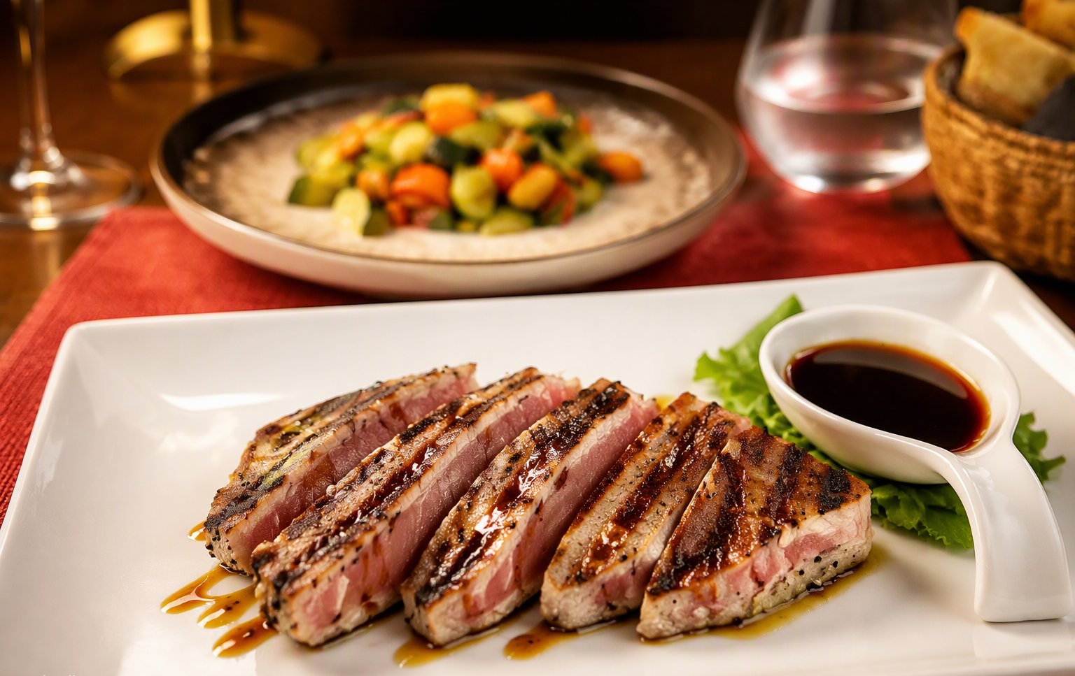 La tagliata di tonno scottata con la salsa in accompagnamento